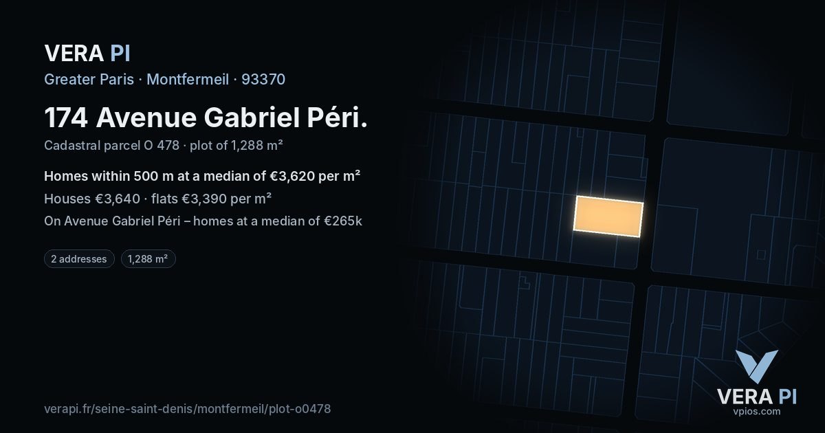 174 Avenue Gabriel Péri, Montfermeil at night – the plot lit, the parcels around coloured by the prices near them