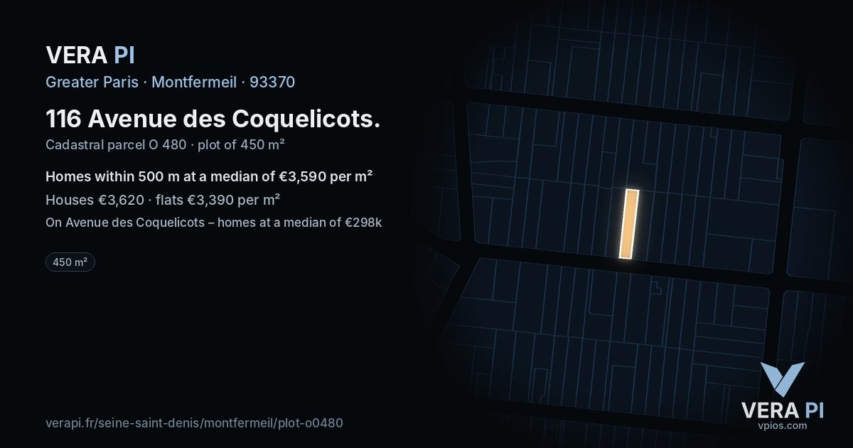116 Avenue des Coquelicots, Montfermeil at night – the plot lit, the parcels around coloured by the prices near them