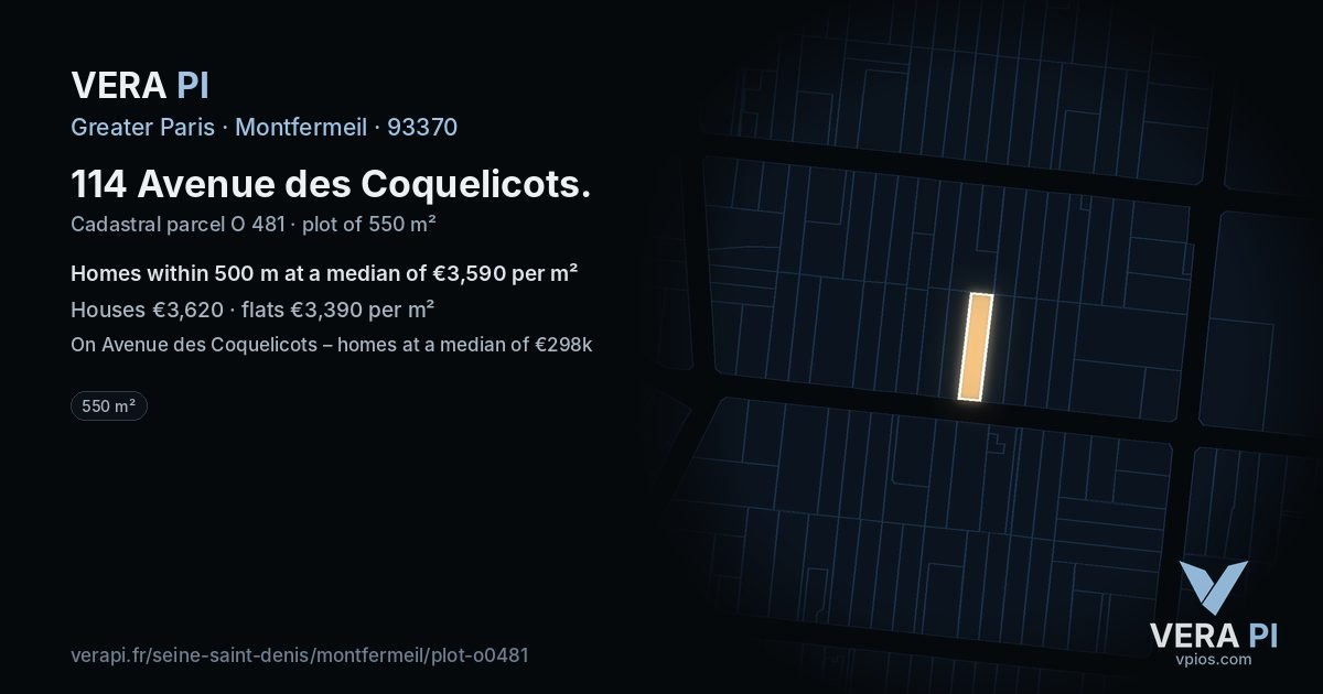 114 Avenue des Coquelicots, Montfermeil at night – the plot lit, the parcels around coloured by the prices near them