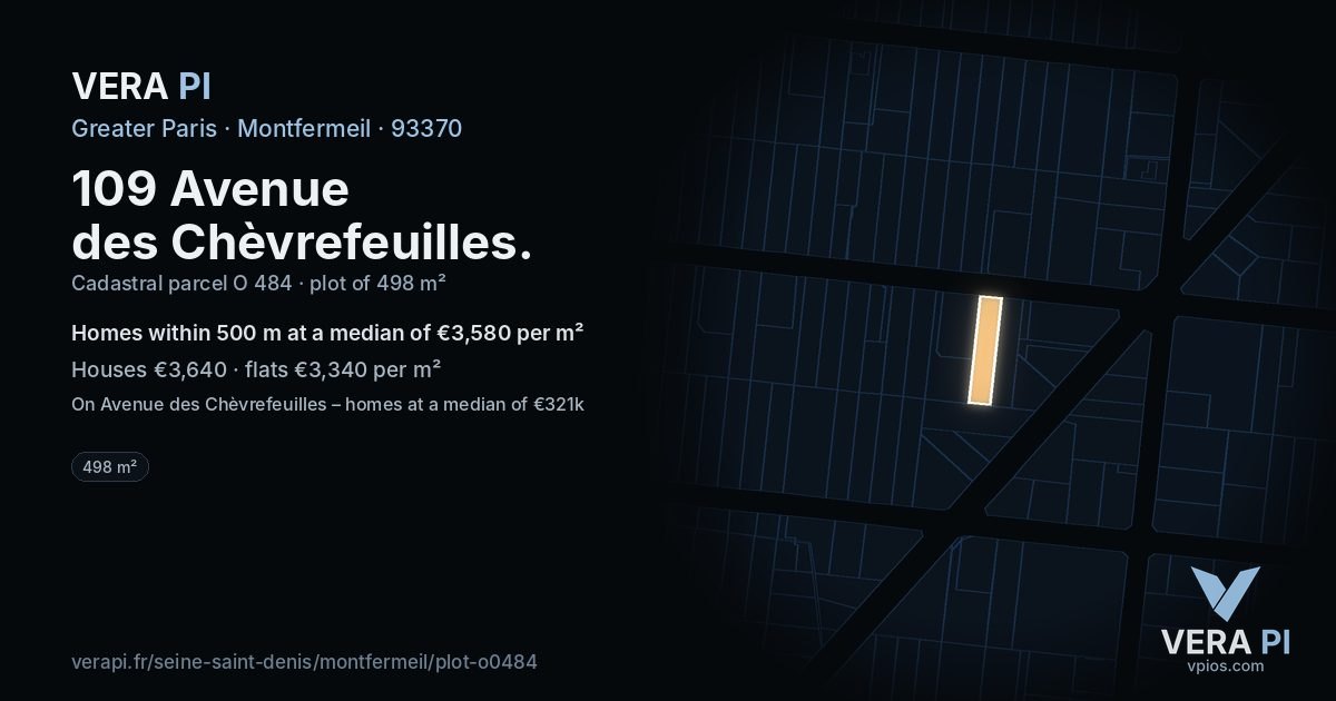 109 Avenue des Chèvrefeuilles, Montfermeil at night – the plot lit, the parcels around coloured by the prices near them