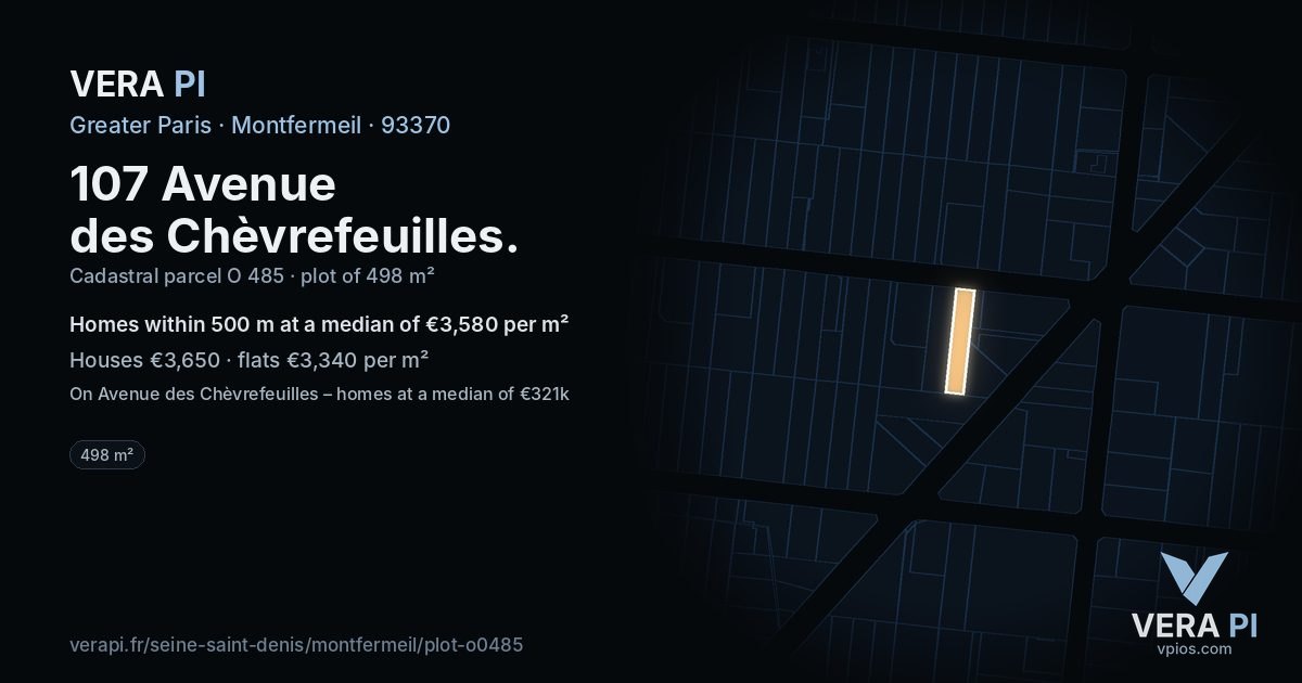 107 Avenue des Chèvrefeuilles, Montfermeil at night – the plot lit, the parcels around coloured by the prices near them