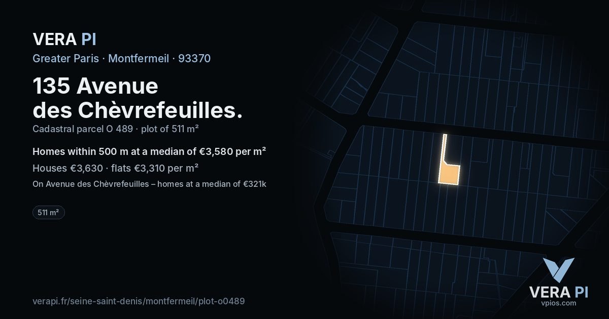 135 Avenue des Chèvrefeuilles, Montfermeil at night – the plot lit, the parcels around coloured by the prices near them