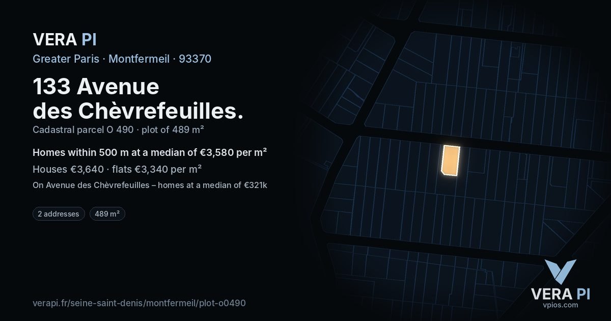 133 Avenue des Chèvrefeuilles, Montfermeil at night – the plot lit, the parcels around coloured by the prices near them