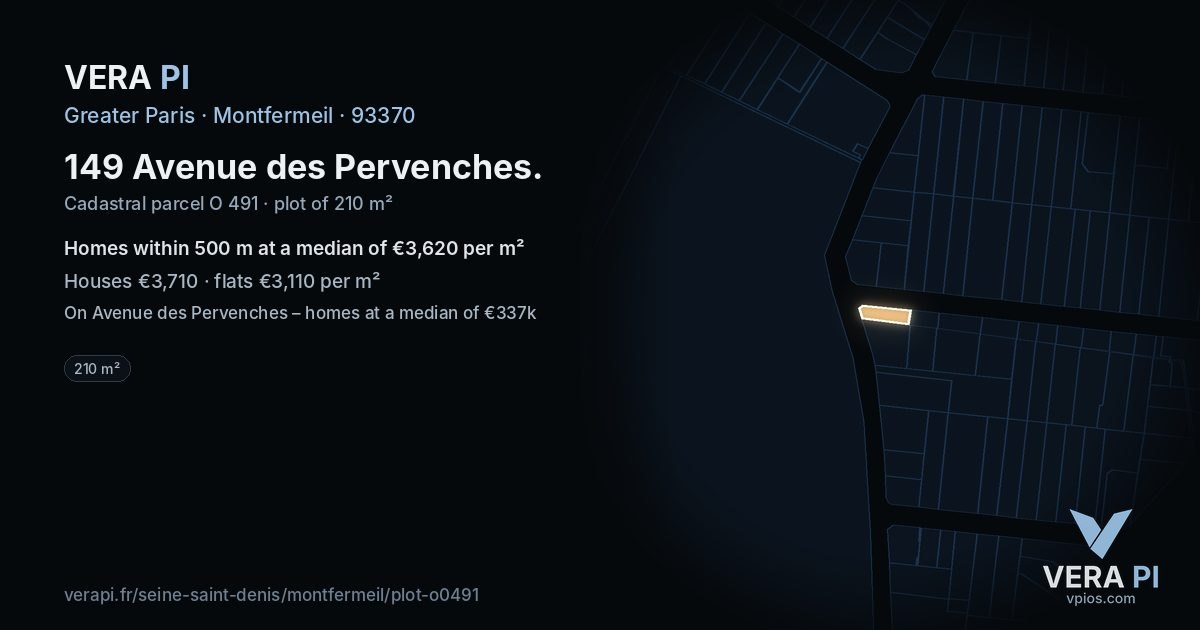149 Avenue des Pervenches, Montfermeil at night – the plot lit, the parcels around coloured by the prices near them