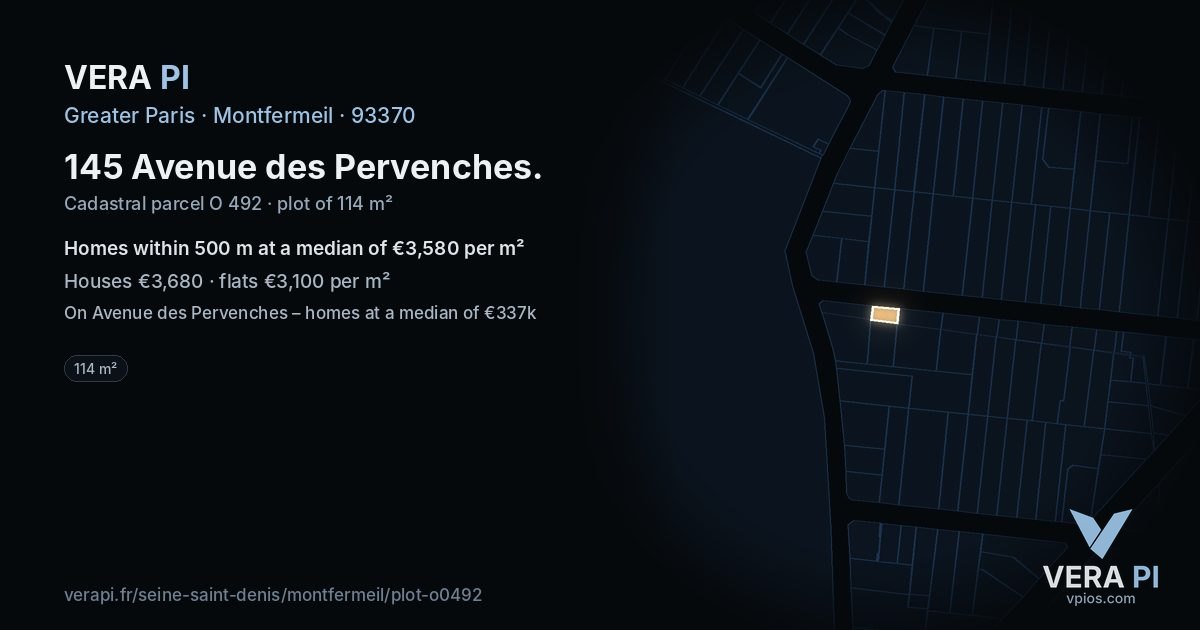 145 Avenue des Pervenches, Montfermeil at night – the plot lit, the parcels around coloured by the prices near them