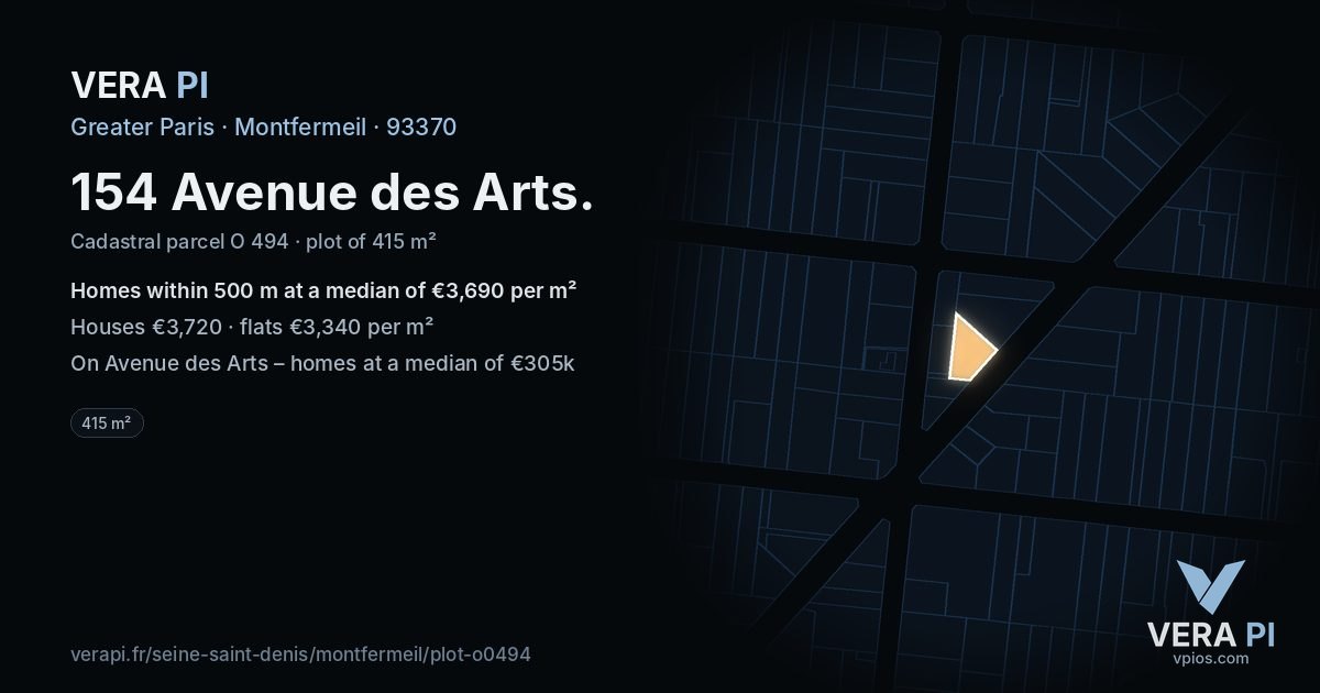 154 Avenue des Arts, Montfermeil at night – the plot lit, the parcels around coloured by the prices near them