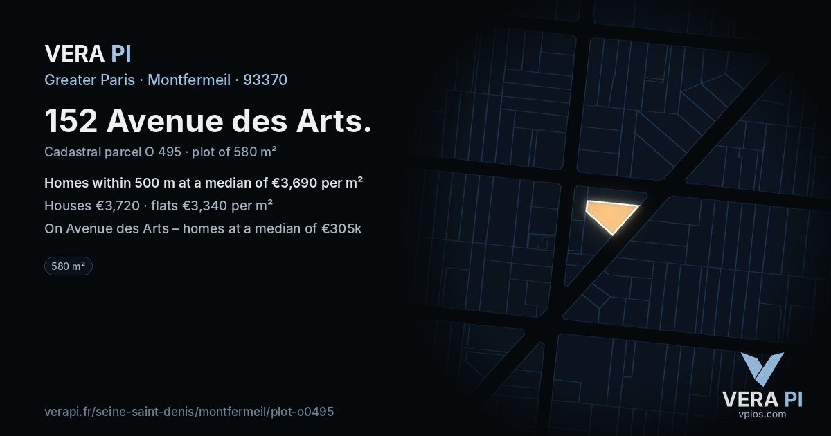 152 Avenue des Arts, Montfermeil at night – the plot lit, the parcels around coloured by the prices near them