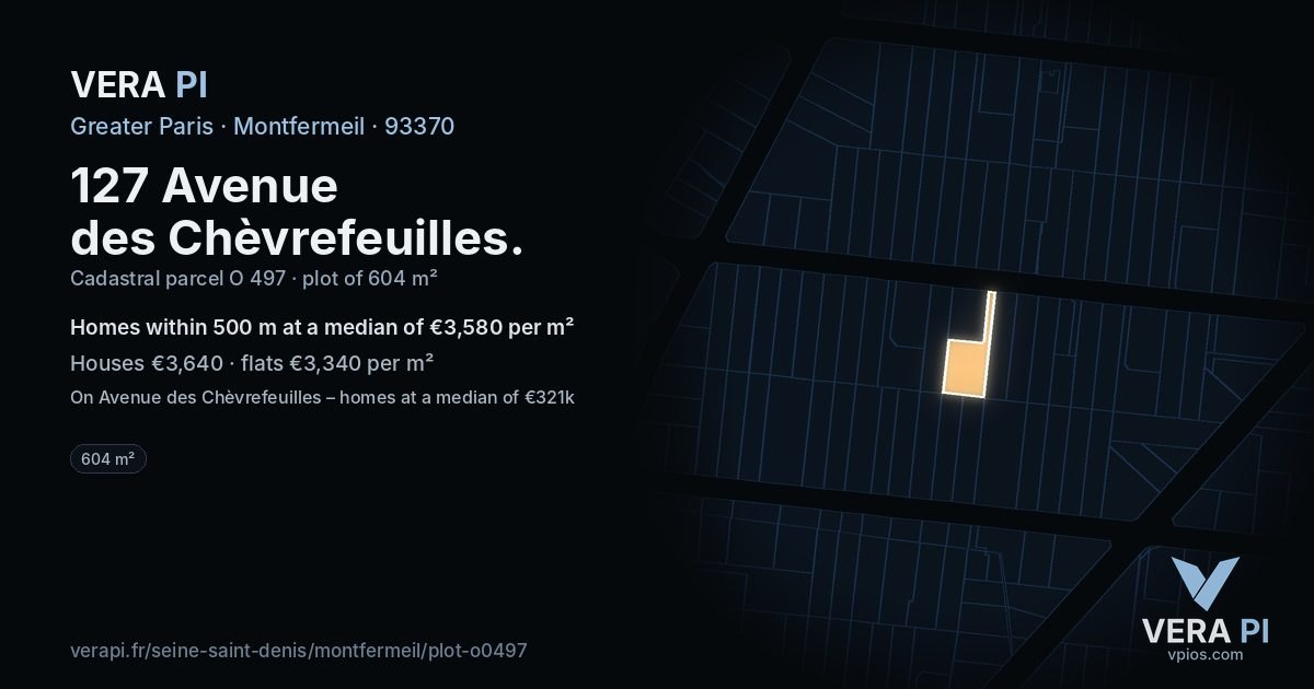 127 Avenue des Chèvrefeuilles, Montfermeil at night – the plot lit, the parcels around coloured by the prices near them