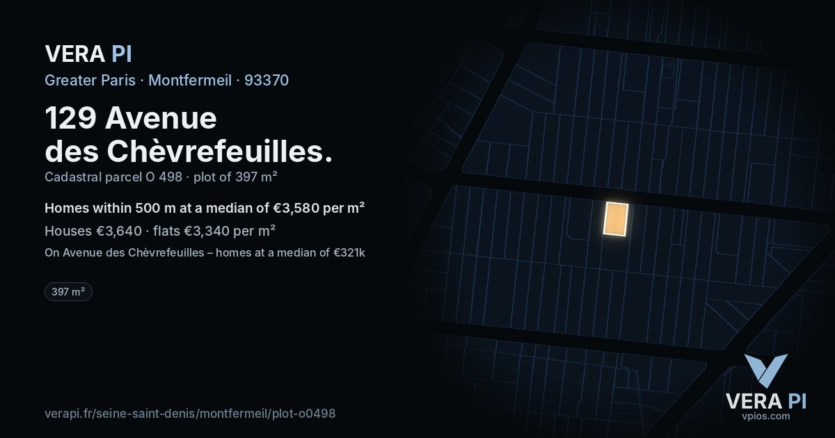 129 Avenue des Chèvrefeuilles, Montfermeil at night – the plot lit, the parcels around coloured by the prices near them