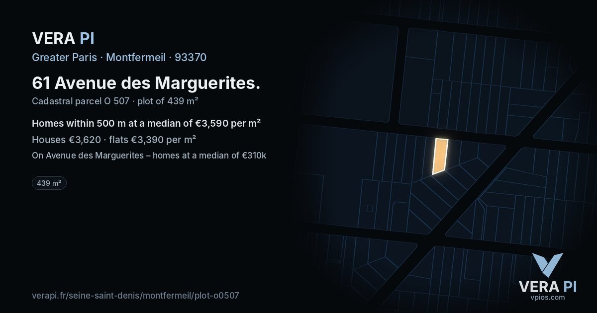 61 Avenue des Marguerites, Montfermeil at night – the plot lit, the parcels around coloured by the prices near them