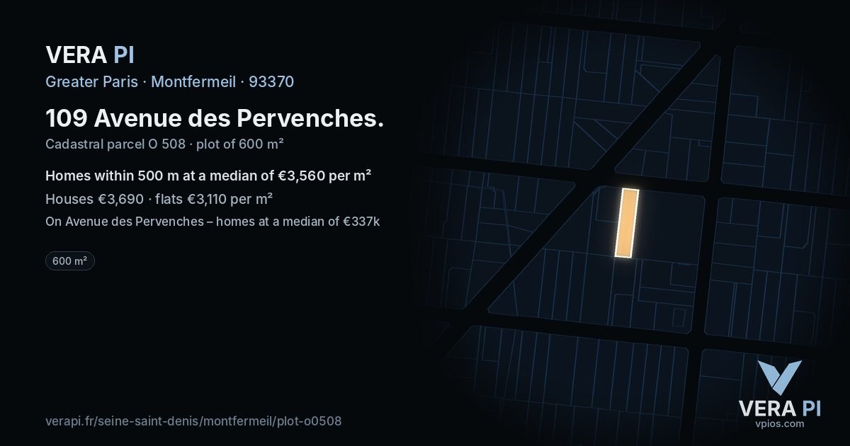 109 Avenue des Pervenches, Montfermeil at night – the plot lit, the parcels around coloured by the prices near them