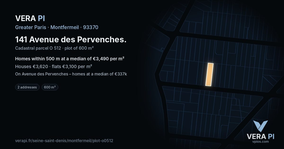 141 Avenue des Pervenches, Montfermeil at night – the plot lit, the parcels around coloured by the prices near them