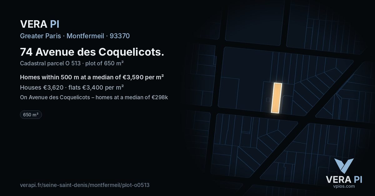 74 Avenue des Coquelicots, Montfermeil at night – the plot lit, the parcels around coloured by the prices near them