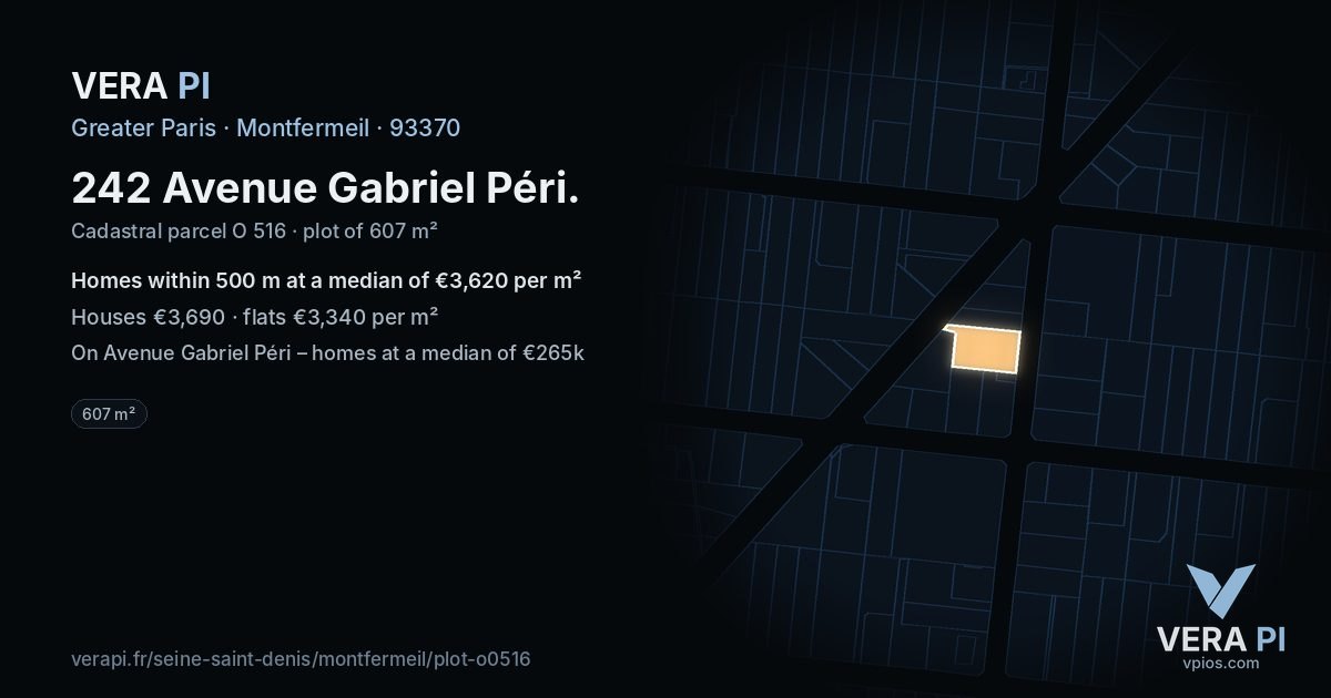 242 Avenue Gabriel Péri, Montfermeil at night – the plot lit, the parcels around coloured by the prices near them