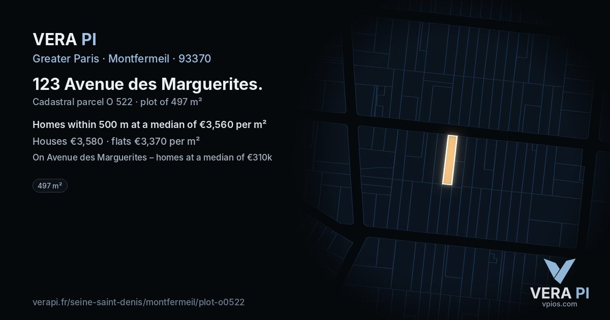 123 Avenue des Marguerites, Montfermeil at night – the plot lit, the parcels around coloured by the prices near them