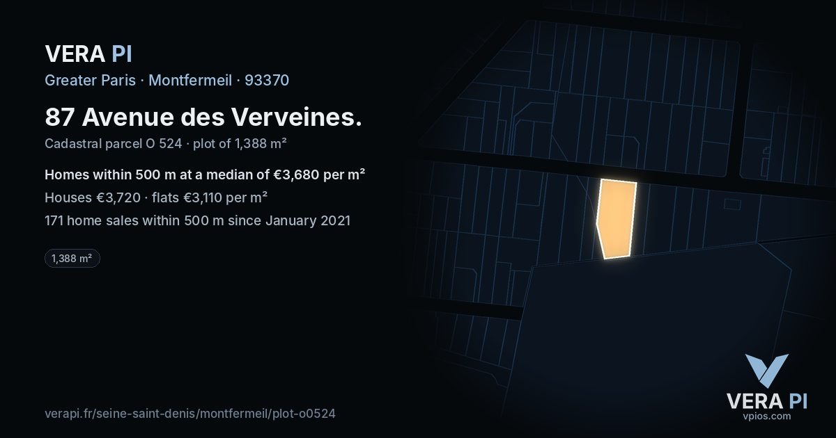 87 Avenue des Verveines, Montfermeil at night – the plot lit, the parcels around coloured by the prices near them