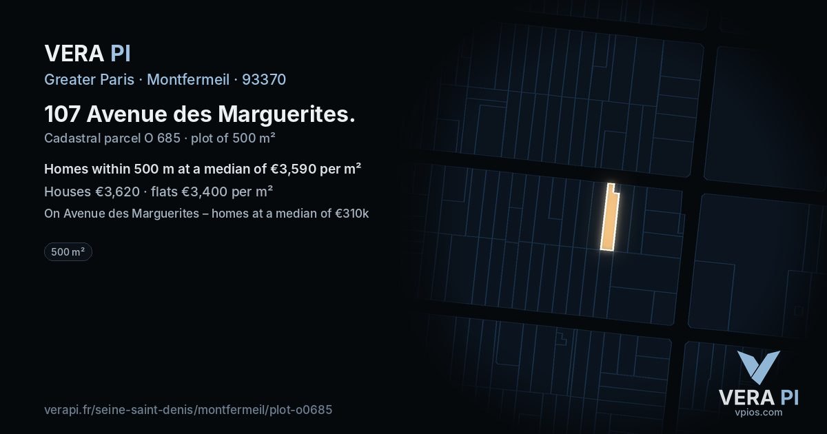 107 Avenue des Marguerites, Montfermeil at night – the plot lit, the parcels around coloured by the prices near them