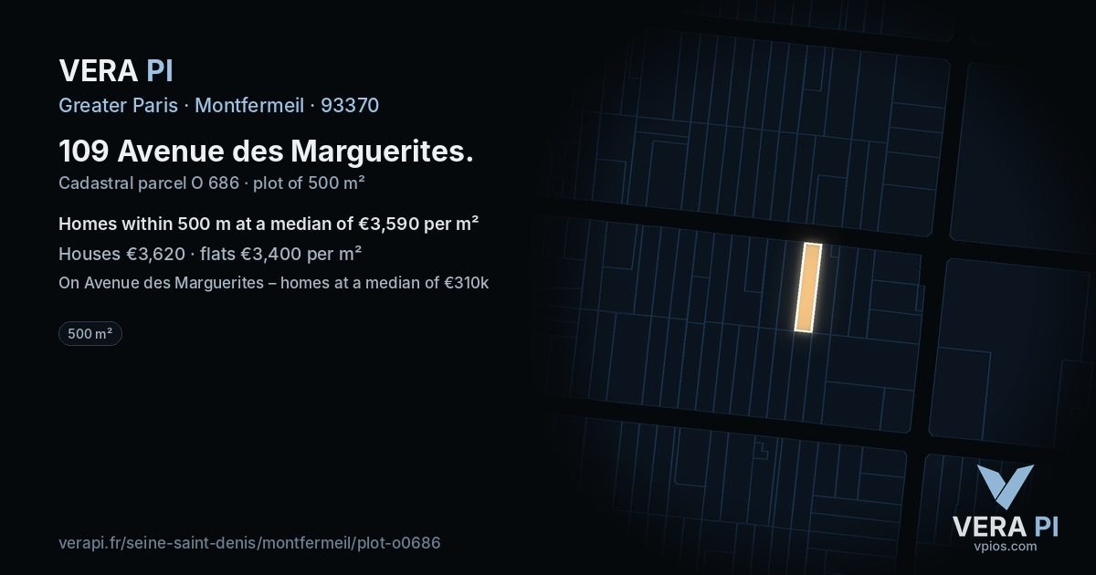109 Avenue des Marguerites, Montfermeil at night – the plot lit, the parcels around coloured by the prices near them