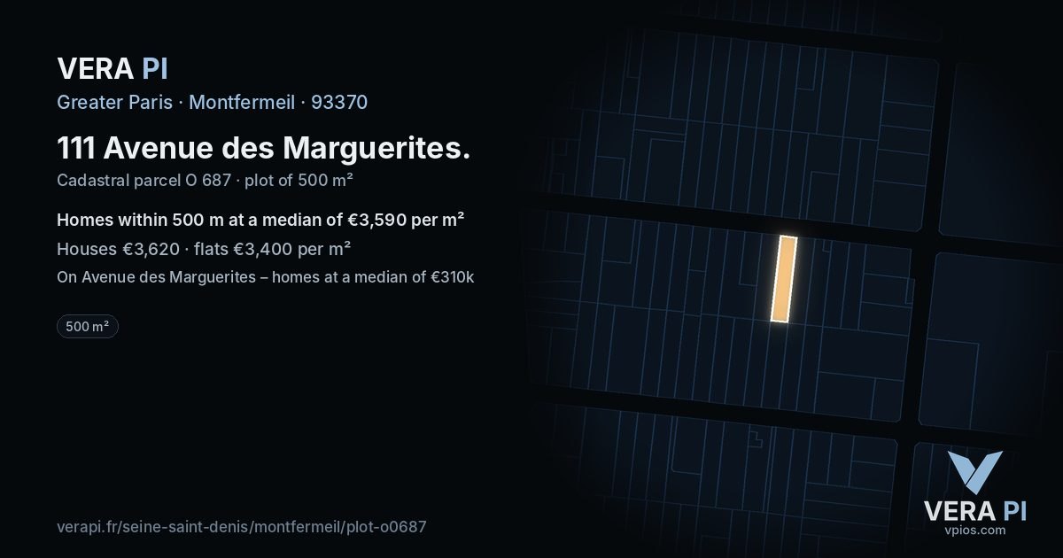 111 Avenue des Marguerites, Montfermeil at night – the plot lit, the parcels around coloured by the prices near them