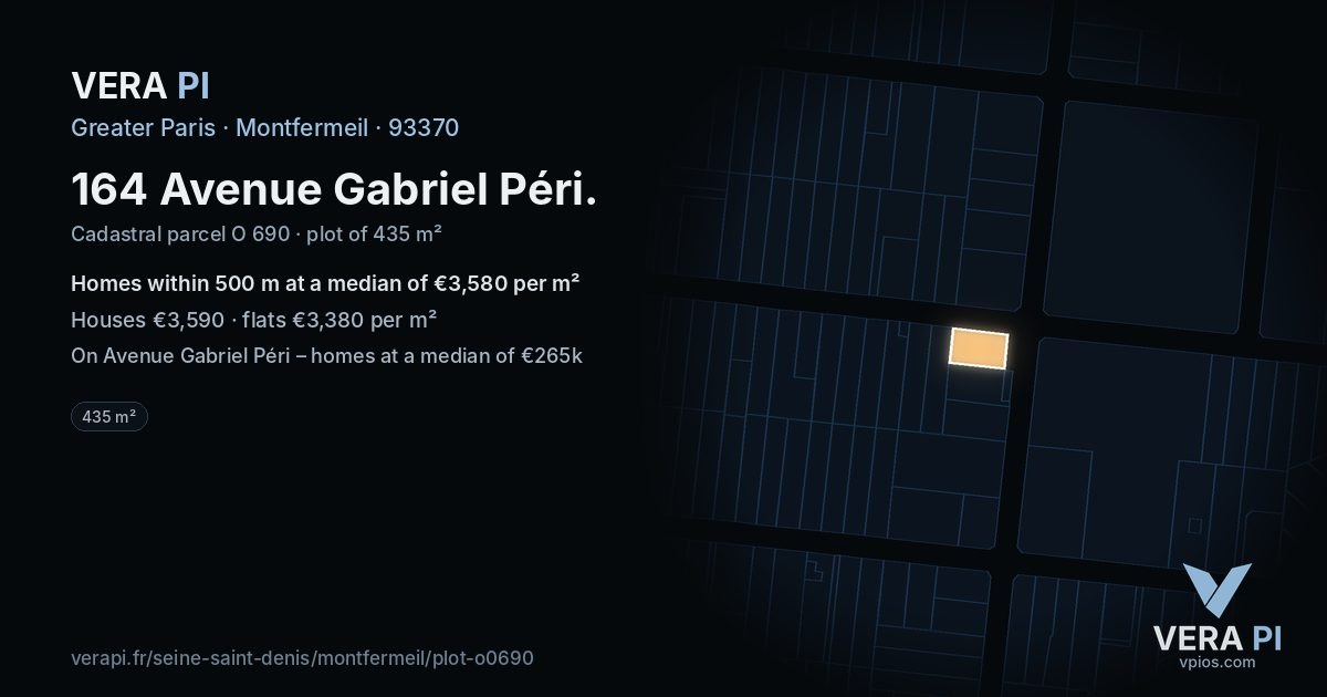 164 Avenue Gabriel Péri, Montfermeil at night – the plot lit, the parcels around coloured by the prices near them