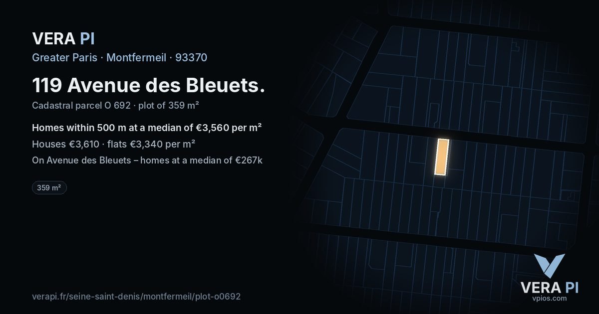 119 Avenue des Bleuets, Montfermeil at night – the plot lit, the parcels around coloured by the prices near them