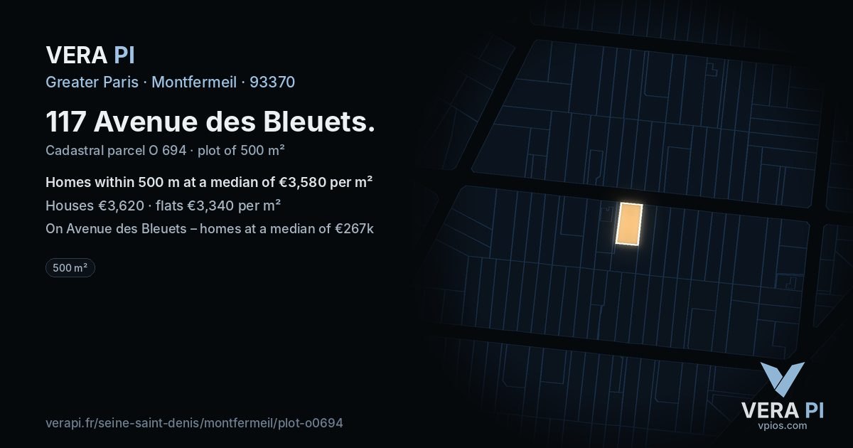 117 Avenue des Bleuets, Montfermeil at night – the plot lit, the parcels around coloured by the prices near them