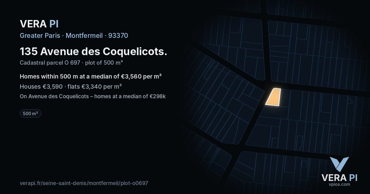 135 Avenue des Coquelicots, Montfermeil at night – the plot lit, the parcels around coloured by the prices near them