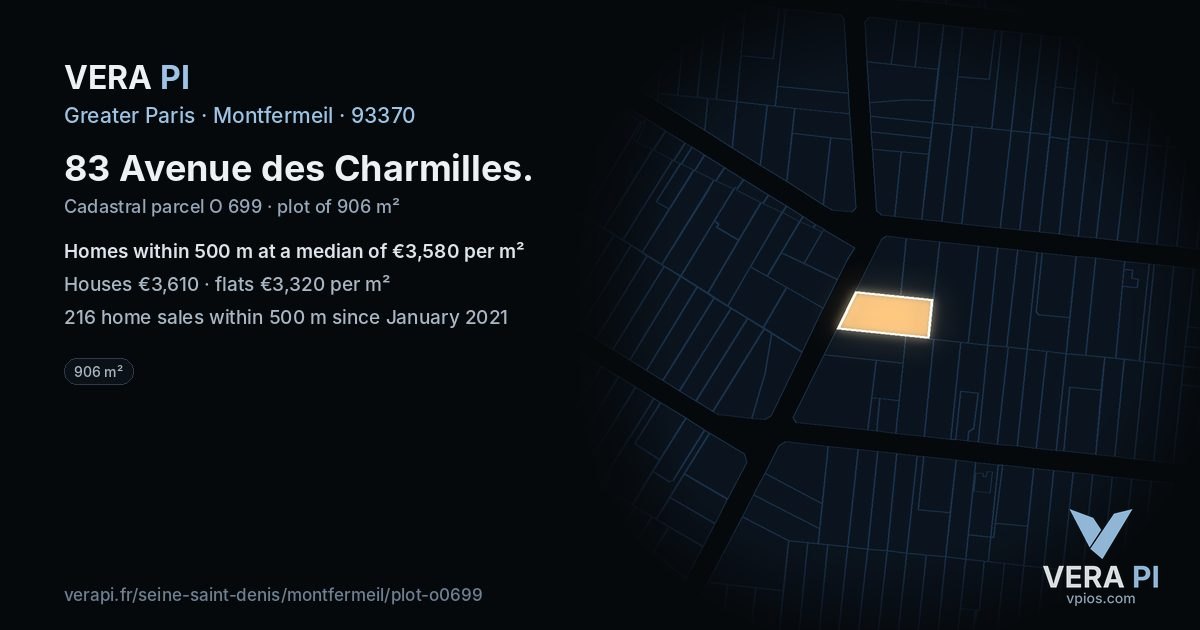 83 Avenue des Charmilles, Montfermeil at night – the plot lit, the parcels around coloured by the prices near them