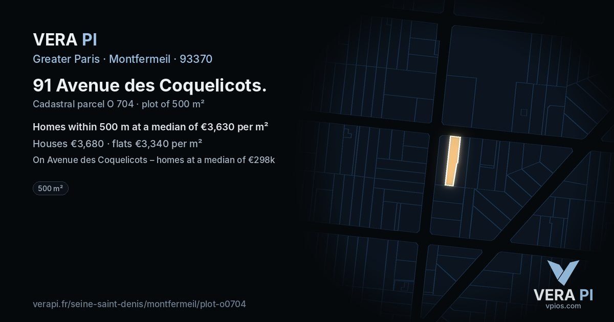 91 Avenue des Coquelicots, Montfermeil at night – the plot lit, the parcels around coloured by the prices near them