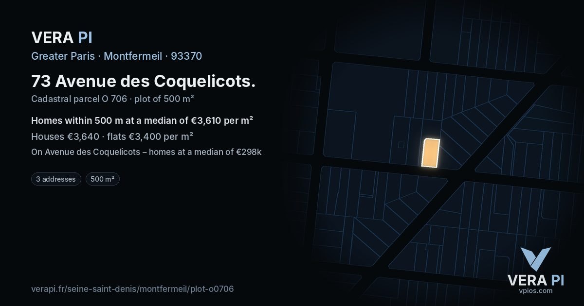 73 Avenue des Coquelicots, Montfermeil at night – the plot lit, the parcels around coloured by the prices near them