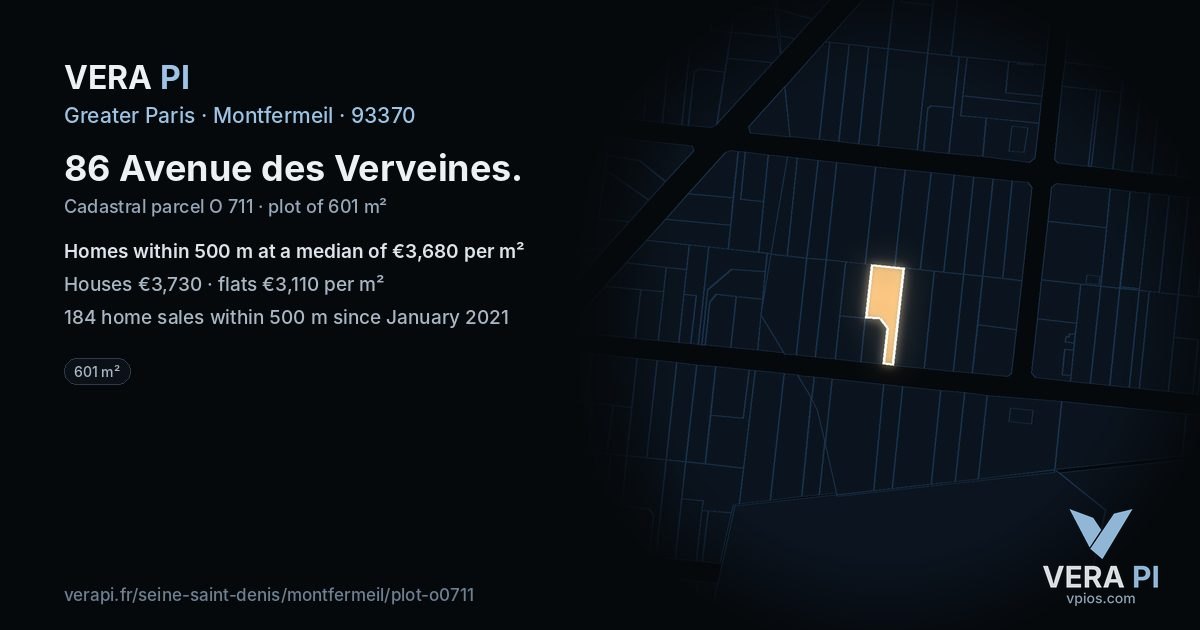 86 Avenue des Verveines, Montfermeil at night – the plot lit, the parcels around coloured by the prices near them
