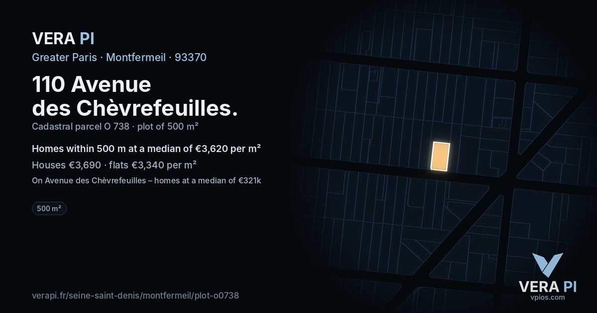 110 Avenue des Chèvrefeuilles, Montfermeil at night – the plot lit, the parcels around coloured by the prices near them