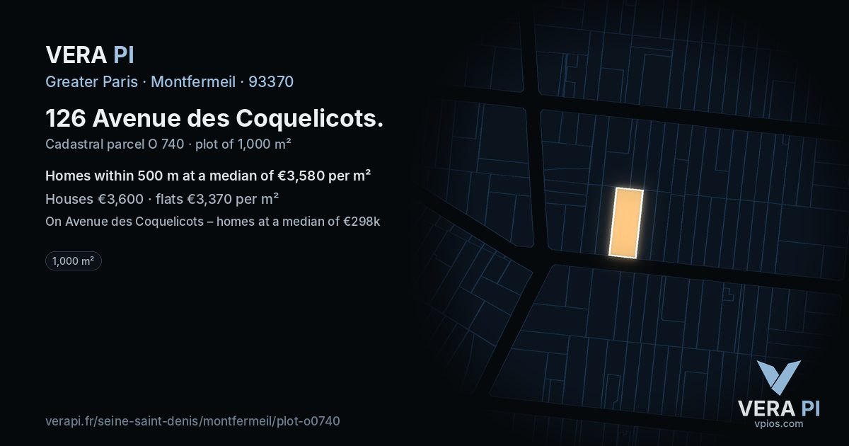 126 Avenue des Coquelicots, Montfermeil at night – the plot lit, the parcels around coloured by the prices near them