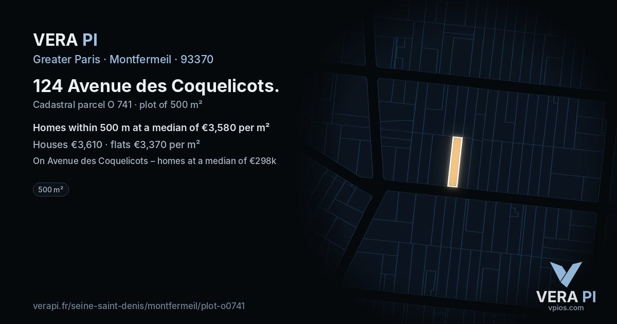 124 Avenue des Coquelicots, Montfermeil at night – the plot lit, the parcels around coloured by the prices near them