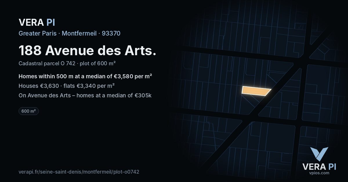 188 Avenue des Arts, Montfermeil at night – the plot lit, the parcels around coloured by the prices near them