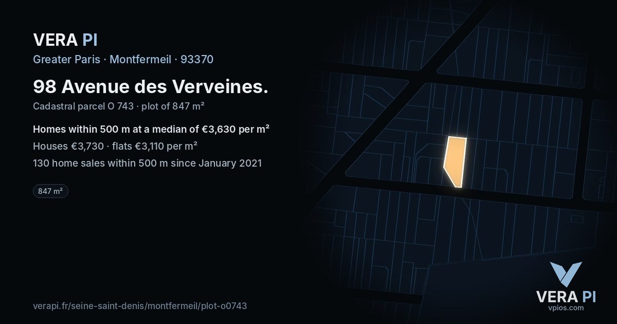 98 Avenue des Verveines, Montfermeil at night – the plot lit, the parcels around coloured by the prices near them