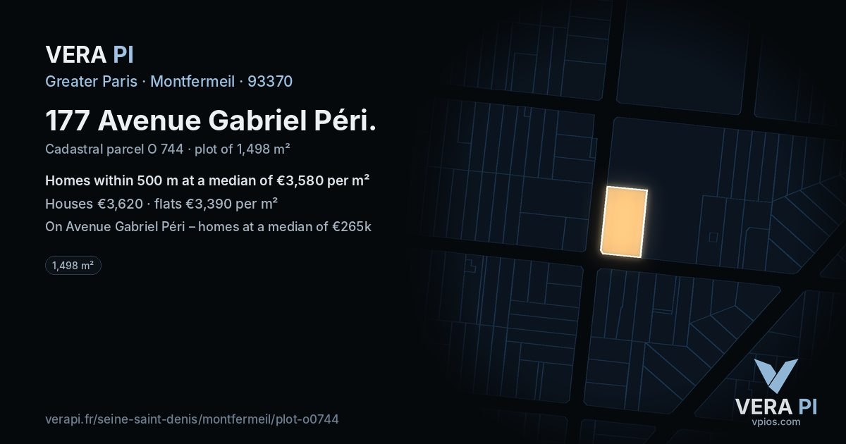 177 Avenue Gabriel Péri, Montfermeil at night – the plot lit, the parcels around coloured by the prices near them