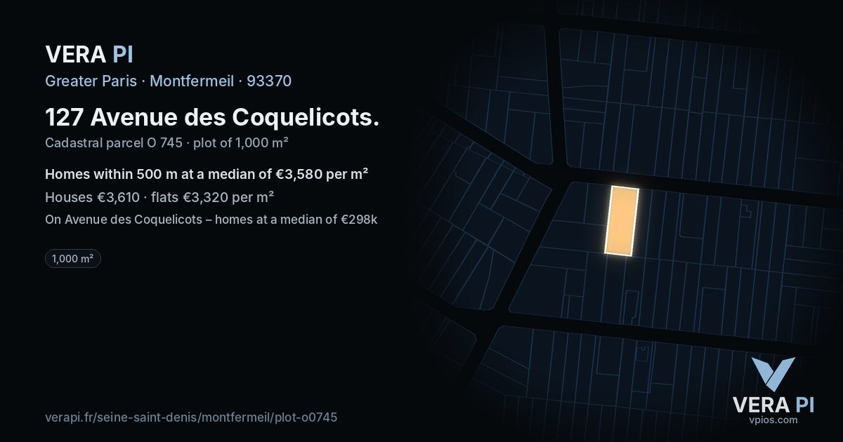 127 Avenue des Coquelicots, Montfermeil at night – the plot lit, the parcels around coloured by the prices near them
