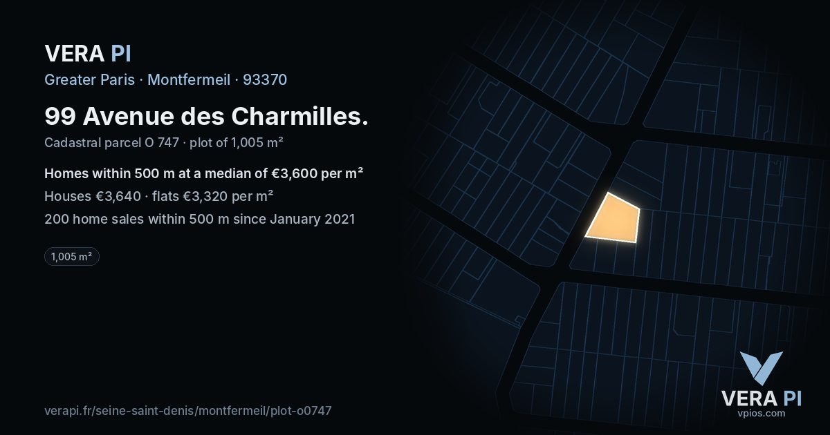 99 Avenue des Charmilles, Montfermeil at night – the plot lit, the parcels around coloured by the prices near them