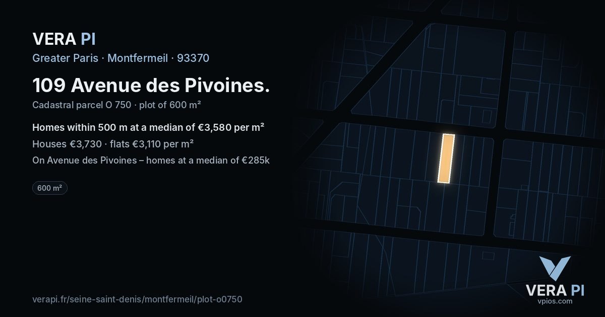 109 Avenue des Pivoines, Montfermeil at night – the plot lit, the parcels around coloured by the prices near them