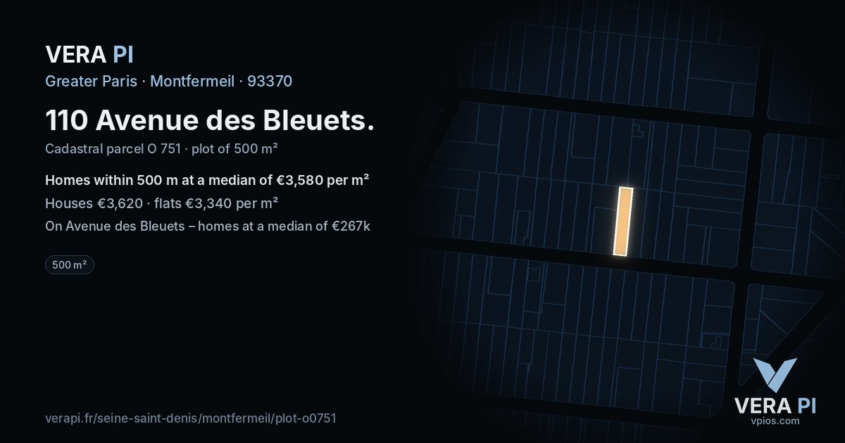 110 Avenue des Bleuets, Montfermeil at night – the plot lit, the parcels around coloured by the prices near them