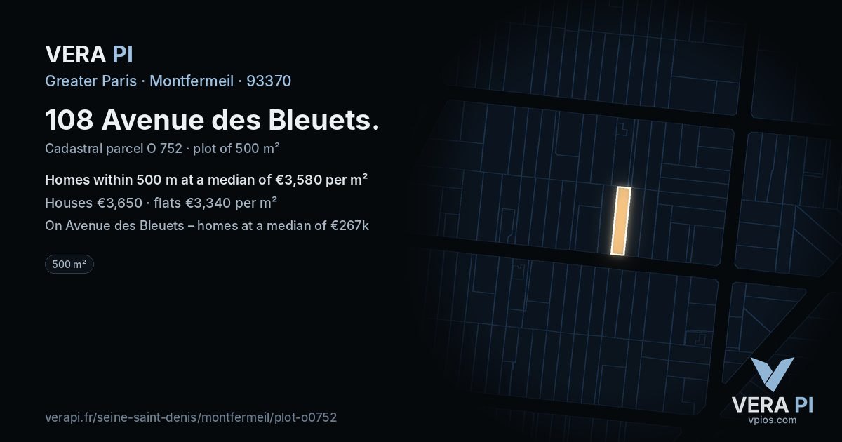 108 Avenue des Bleuets, Montfermeil at night – the plot lit, the parcels around coloured by the prices near them