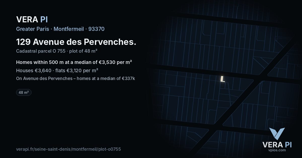 129 Avenue des Pervenches, Montfermeil at night – the plot lit, the parcels around coloured by the prices near them