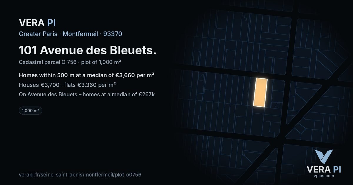 101 Avenue des Bleuets, Montfermeil at night – the plot lit, the parcels around coloured by the prices near them