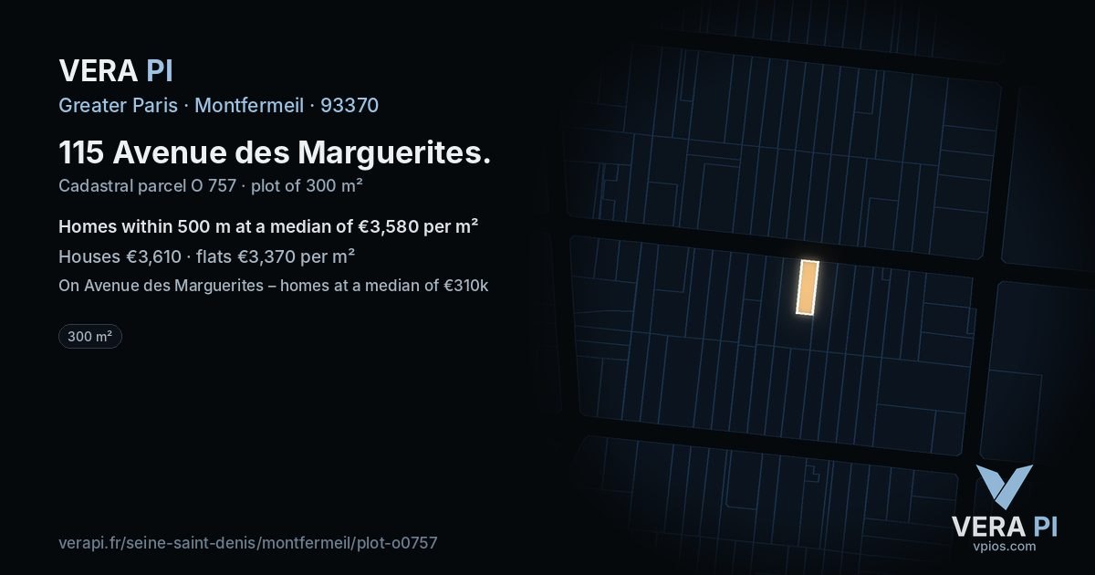 115 Avenue des Marguerites, Montfermeil at night – the plot lit, the parcels around coloured by the prices near them
