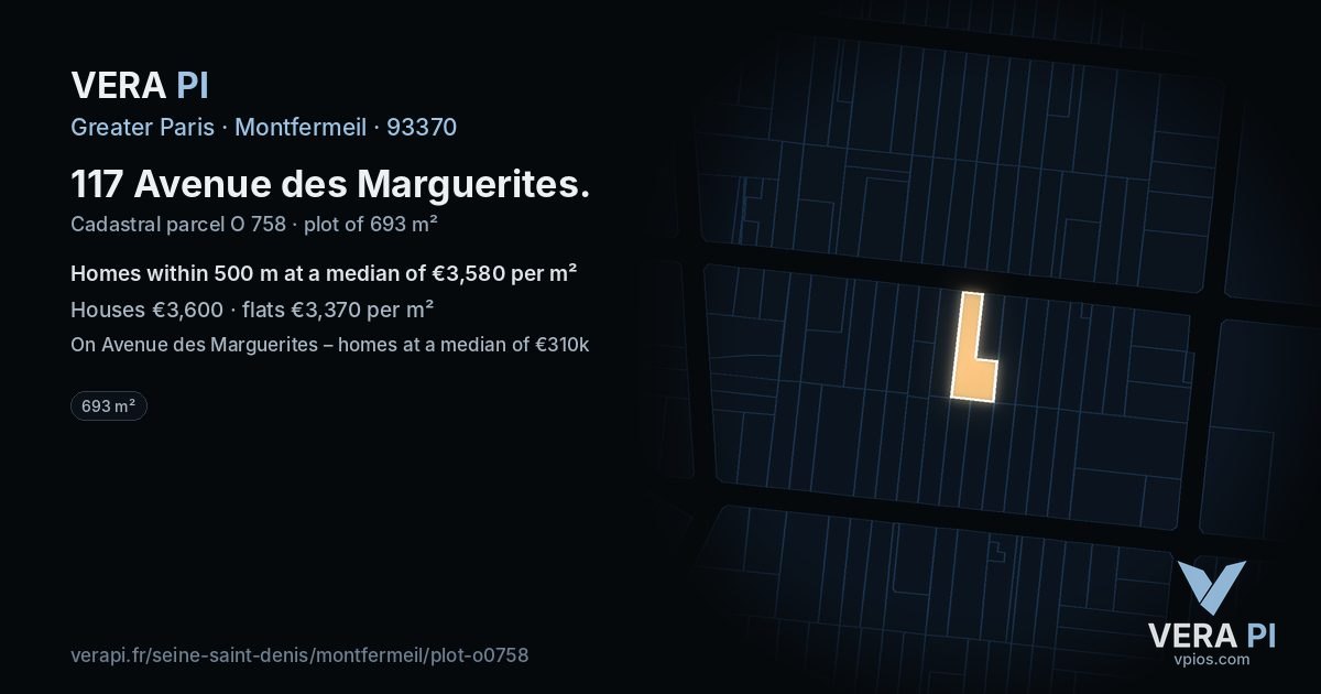 117 Avenue des Marguerites, Montfermeil at night – the plot lit, the parcels around coloured by the prices near them