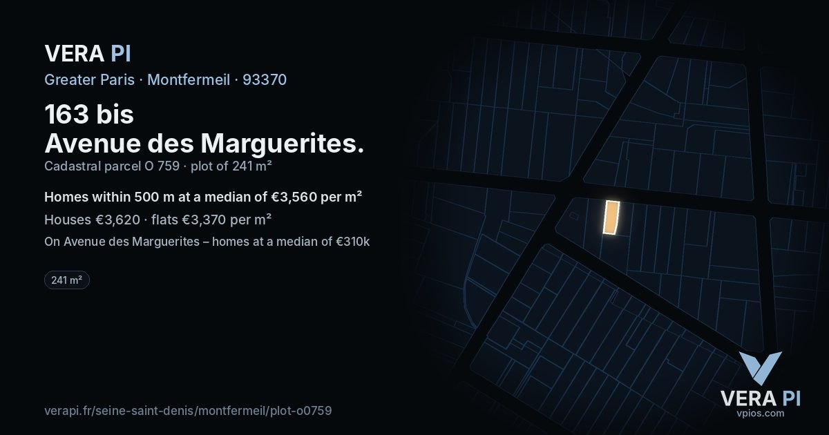 163 bis Avenue des Marguerites, Montfermeil at night – the plot lit, the parcels around coloured by the prices near them