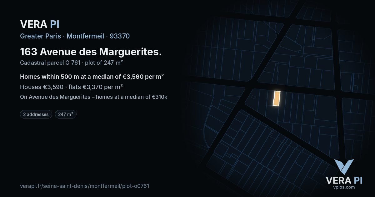 163 Avenue des Marguerites, Montfermeil at night – the plot lit, the parcels around coloured by the prices near them