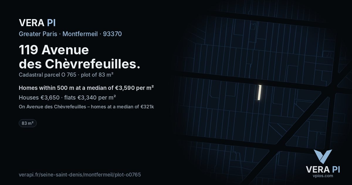 119 Avenue des Chèvrefeuilles, Montfermeil at night – the plot lit, the parcels around coloured by the prices near them