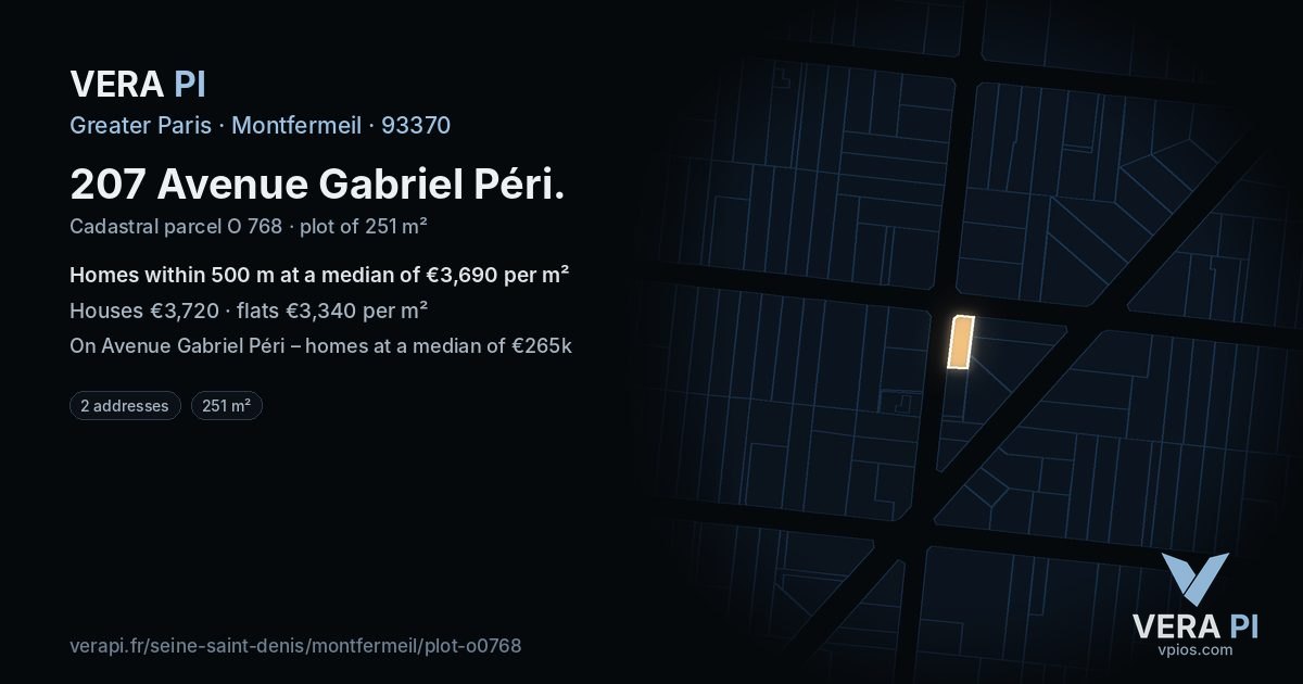 207 Avenue Gabriel Péri, Montfermeil at night – the plot lit, the parcels around coloured by the prices near them